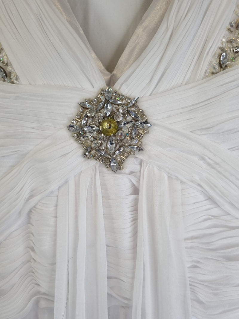 Imoda White Chiffon V neck Beaded Ruched Crystal Fitted Wedding Dress Sz 1214