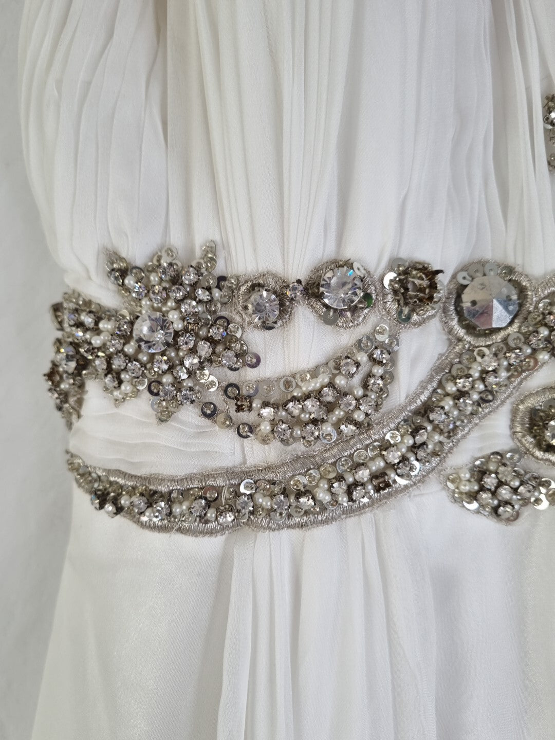 Imoda Ivory Chiffon Halter Neck Ruched Crystal Bead Backless Wedding Dress Sz 67