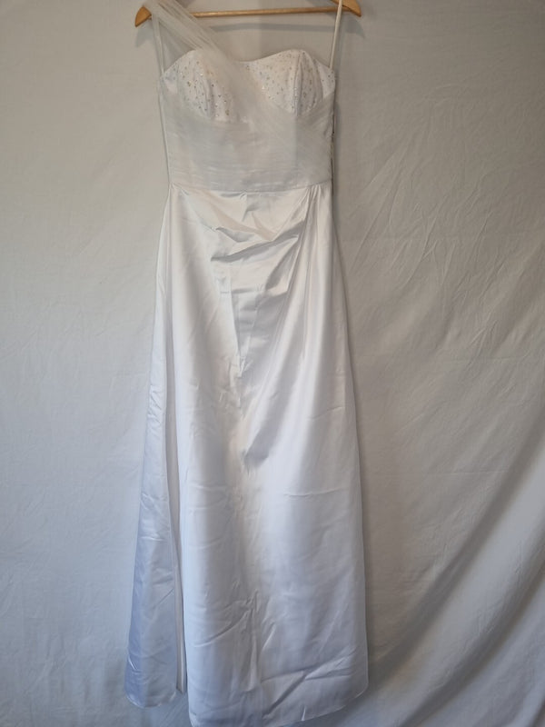 Isabella Faye White Satin Tulle Ruched Beaded One Shoulder Wedding Dress Sz 100