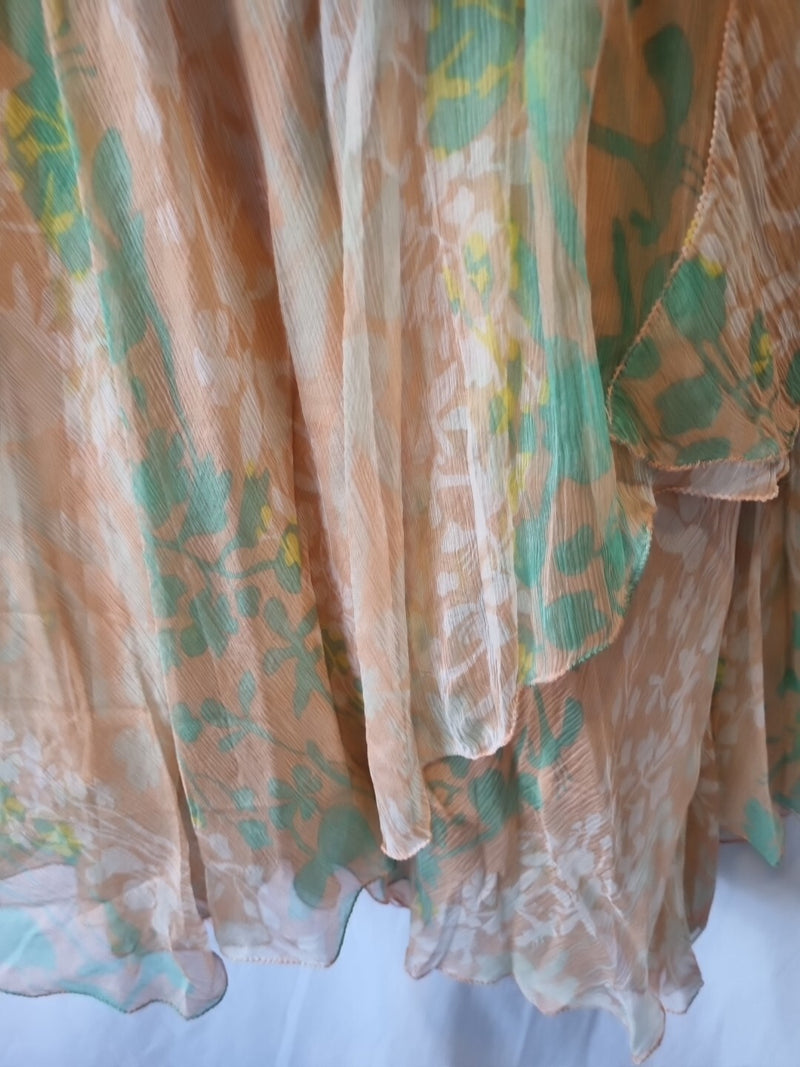 Imoda Chiffon Peach Floral Ruched Layered Casual Silk Dress Size 127