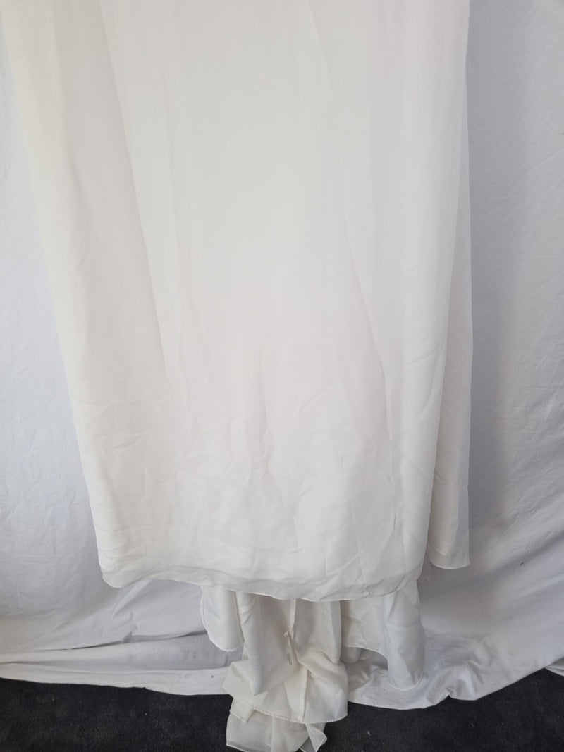 Imoda Ivory Chiffon Ruched Pearl Beaded Train Wedding Dress Sz 106