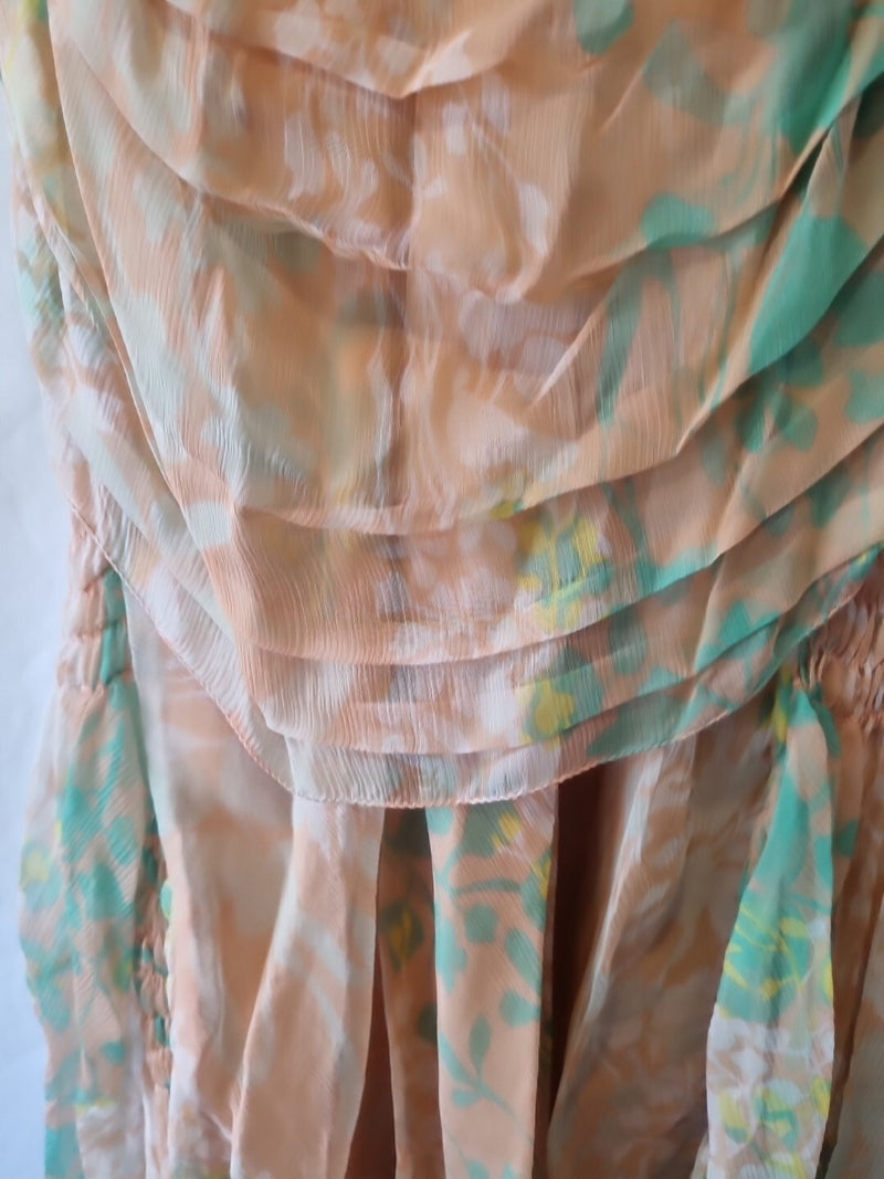 Imoda Chiffon Peach Floral Ruched Layered Casual Silk Dress Size 1212