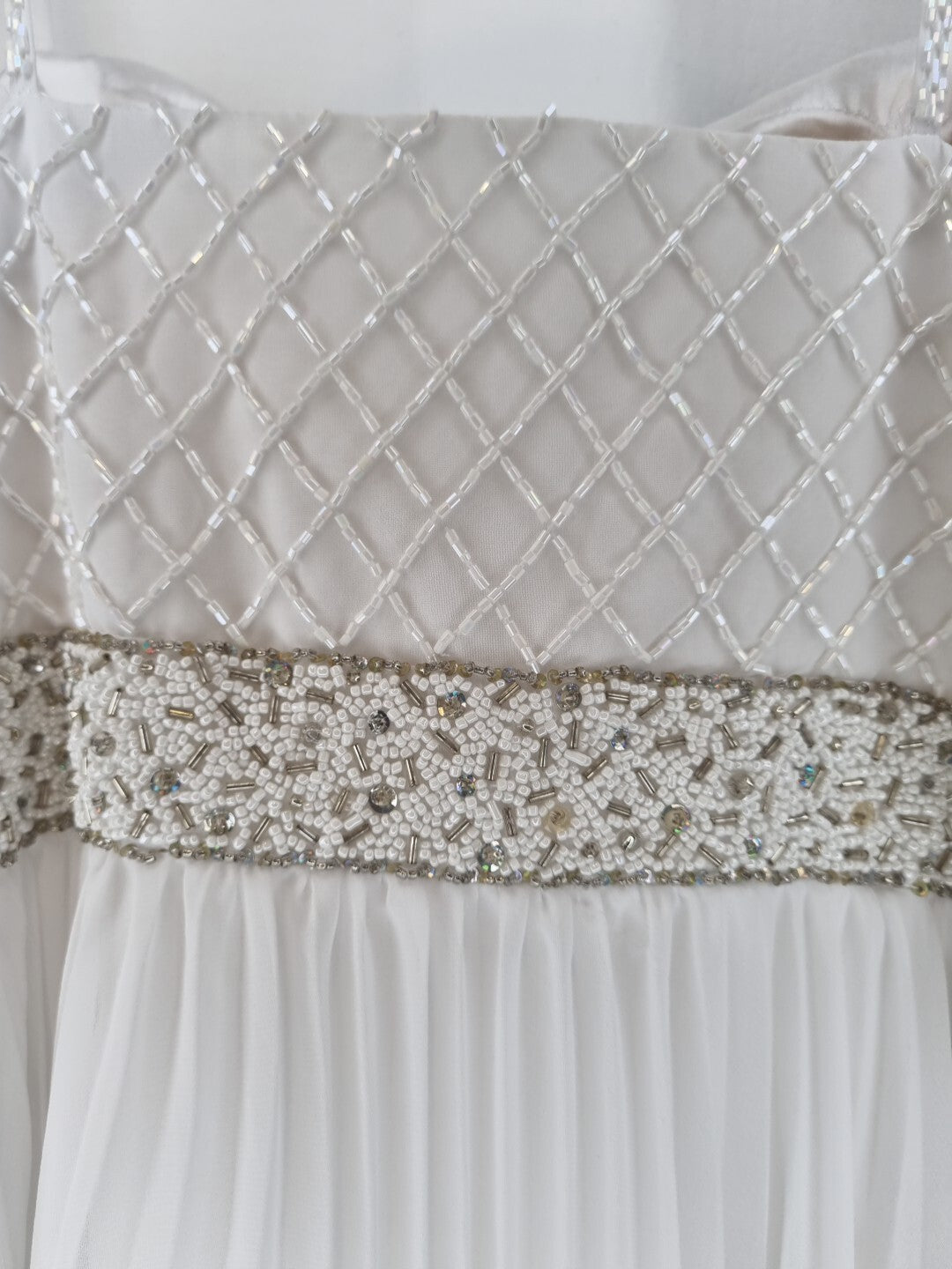 Imoda White Chiffon Pleated Beaded Tiered Strapped Wedding Dress Sz 1413