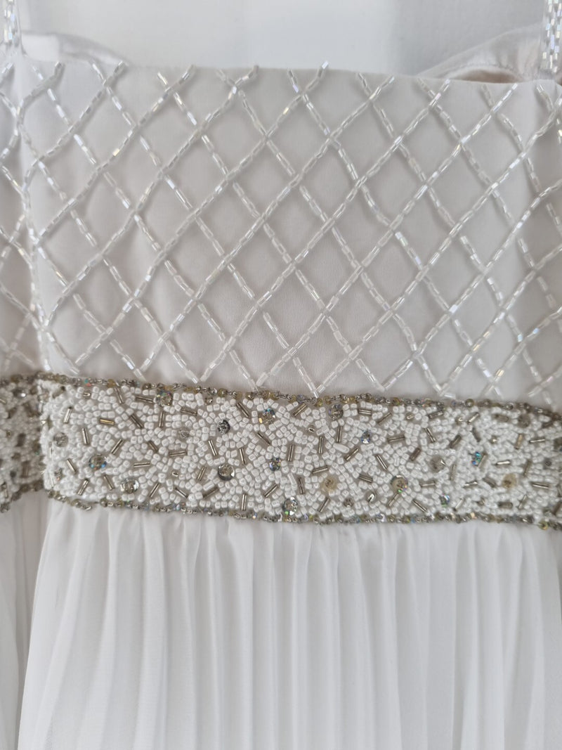 Imoda White Chiffon Pleated Beaded Tiered Strapped Wedding Dress Sz 1413