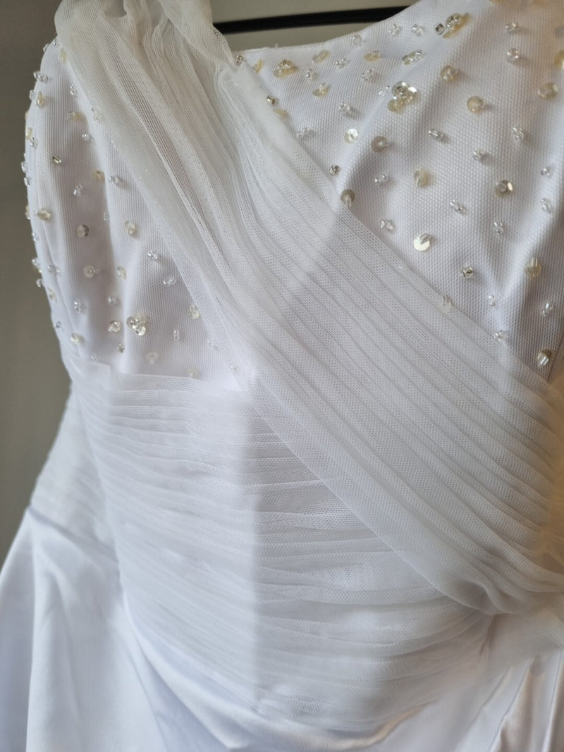 iModa White Sweethear Tulle One Shoulder Beaded Sequin Gathered Wedding Dress 105