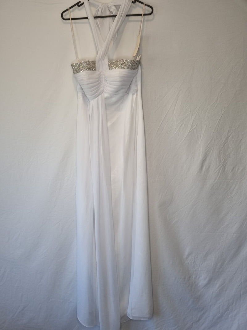 Imoda White Chiffon Ruched Beaded Halter Neck Empire Wedding Dress Sz 100