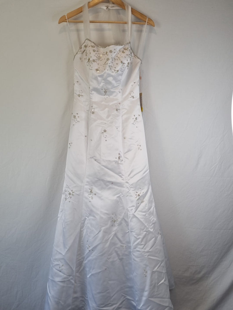 Imoda White Satin Tulle Beaded Sequin Backless Halter Neck Wedding Dress Sz 80