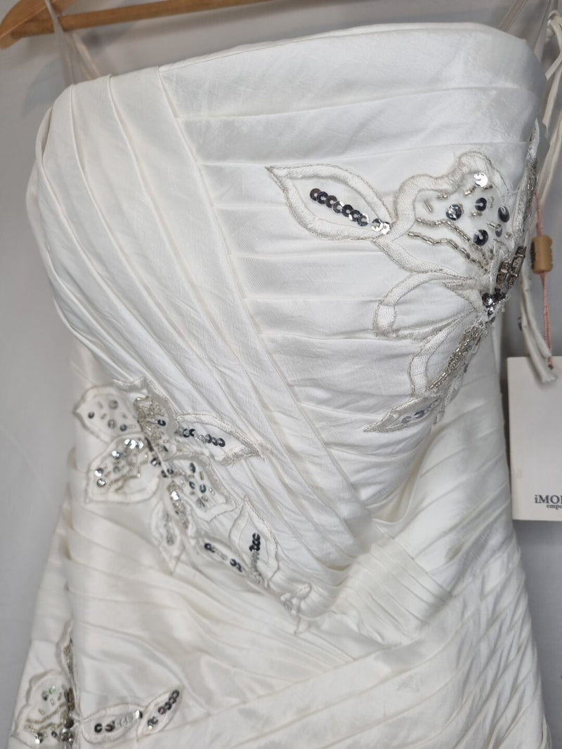 Imoda White Beaded Sequin Embroidered Pleated A-line Wedding Dress Sz 87