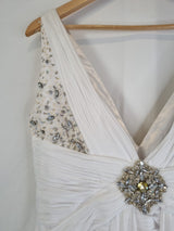 Imoda White Chiffon V neck Beaded Ruched Crystal Fitted Wedding Dress Sz 1213