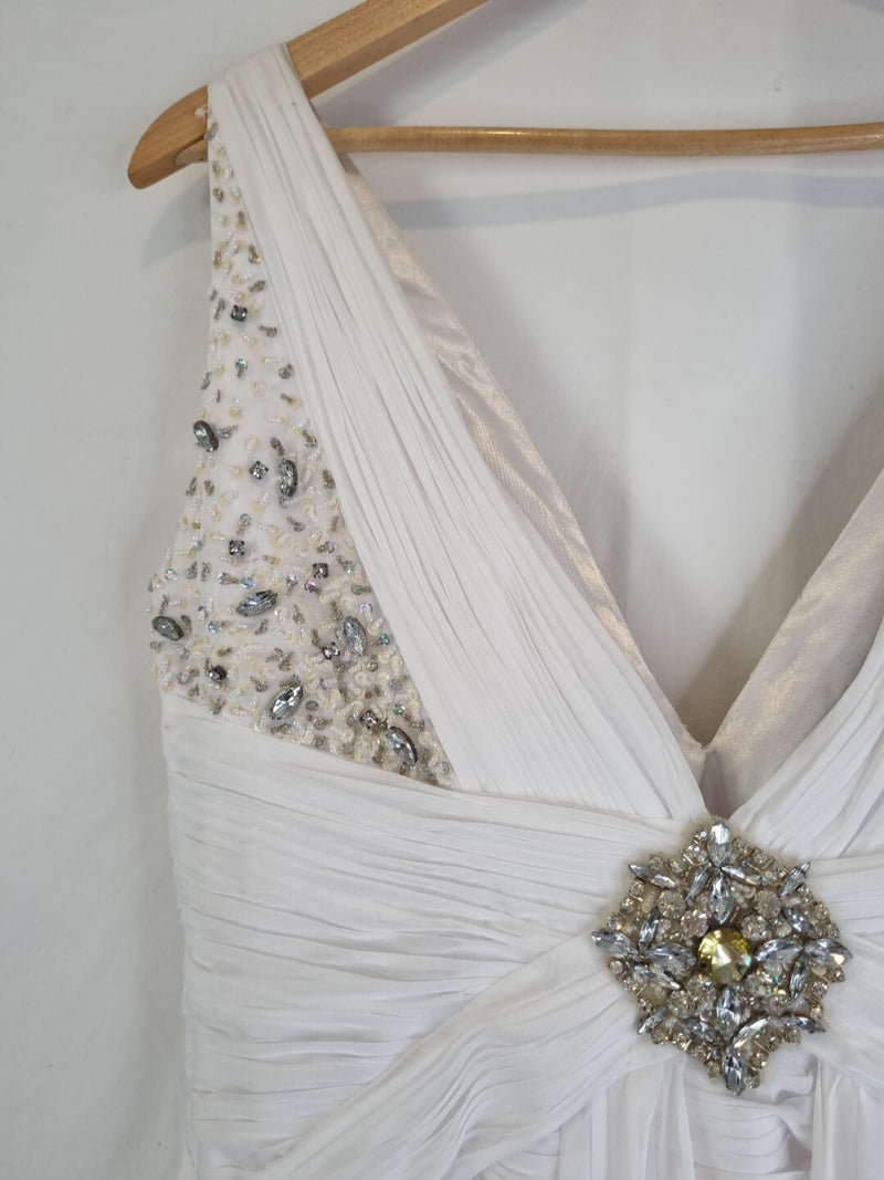 Imoda White Chiffon V neck Beaded Ruched Crystal Fitted Wedding Dress Sz 1213
