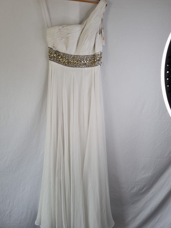 Imoda Ivory Chiffon One Shoulder Ruched Crystal Diamante Wedding Dress Sz 100