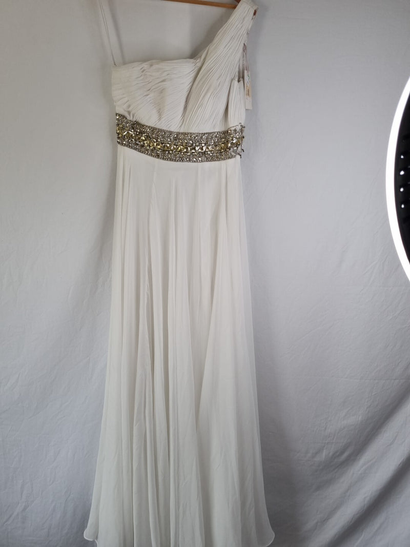 Imoda Ivory Chiffon One Shoulder Ruched Crystal Diamante Wedding Dress Sz 100