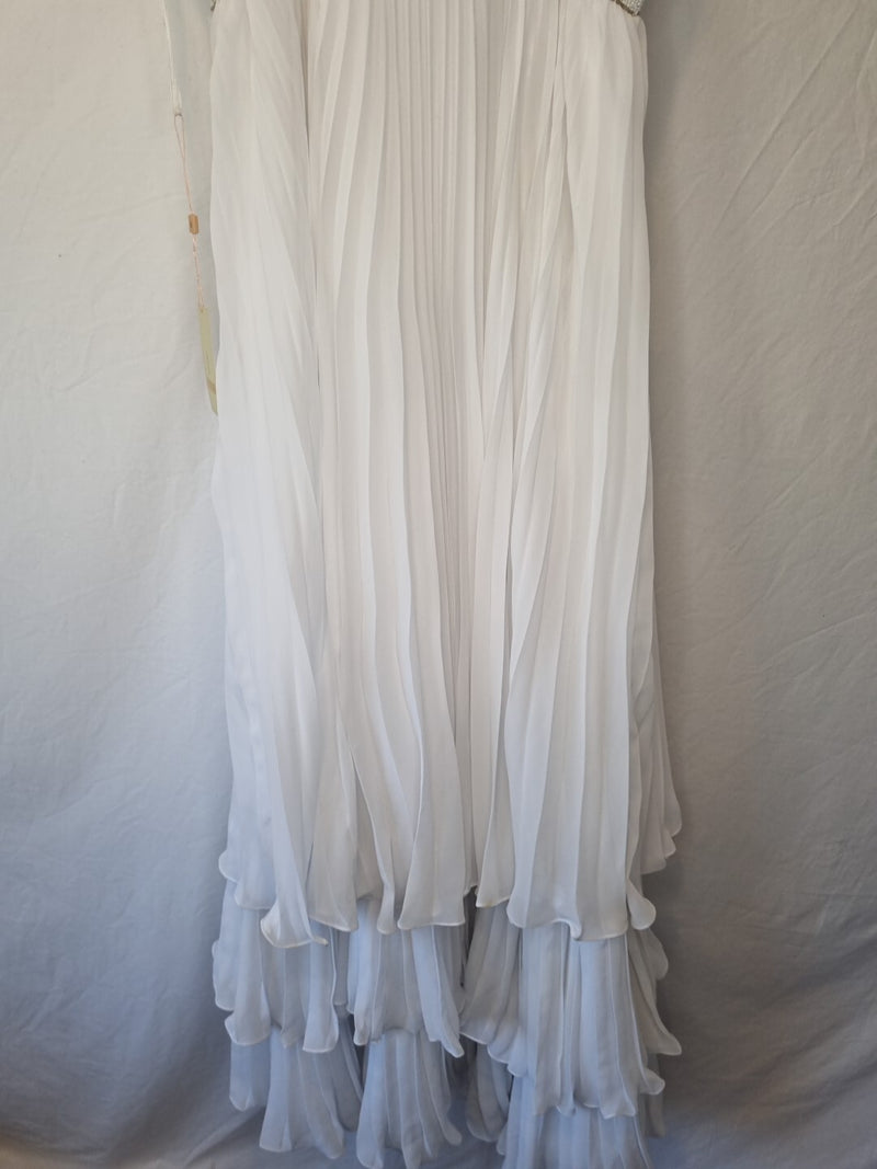 Imoda White Chiffon Pleated Beaded Tiered Strapped Wedding Dress Sz 109
