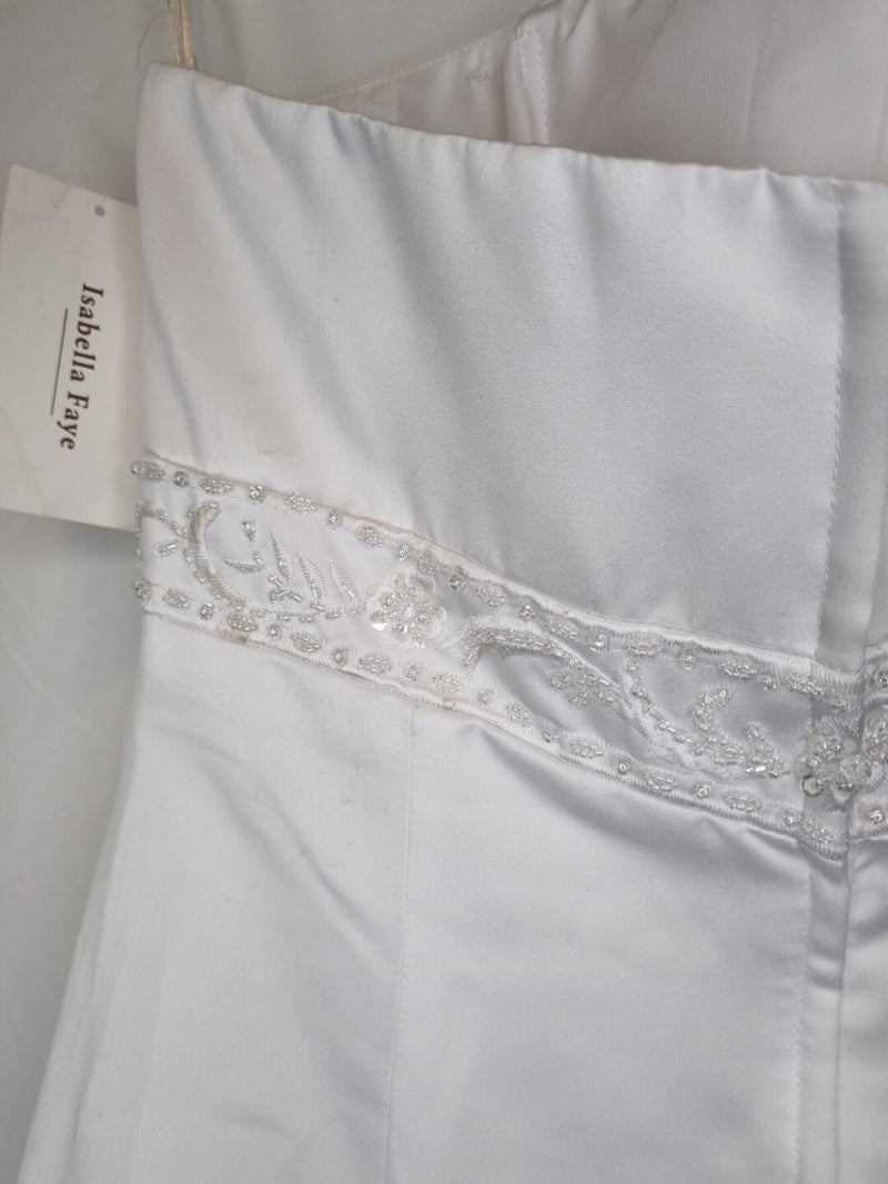 Isabella Faye White Satin Embellished Beaded A-line Wedding Dress Sz 1415