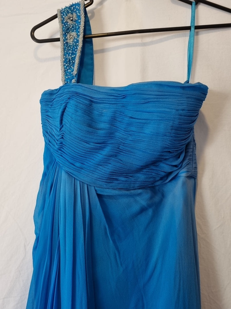 Imoda Chiffon Blue Ruched Beaded One Shoulder Evening Bridesmaid Silk Dress Sz103