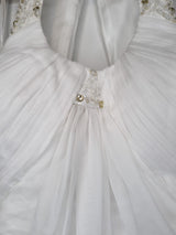 Imoda White Chiffon Ruched Beaded Round Neck High Back Wedding Dress Sz 1016