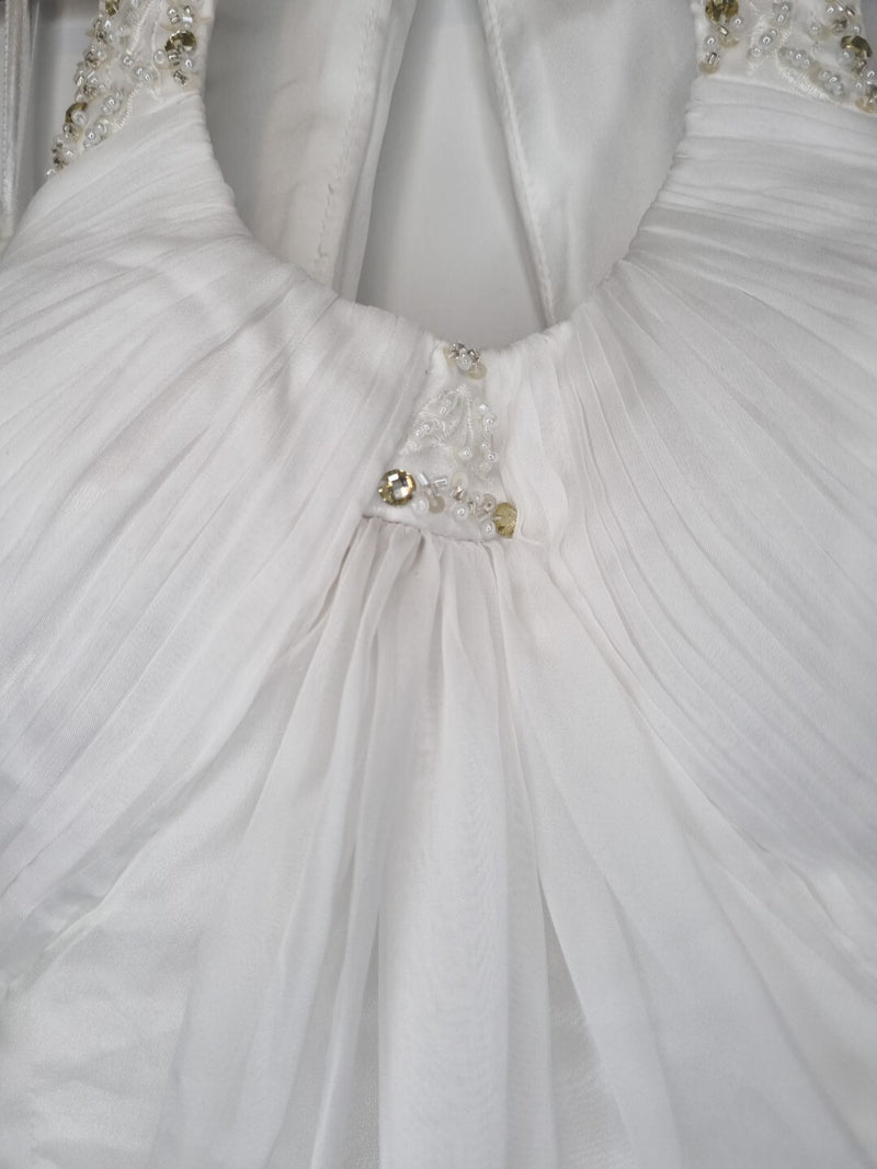 Imoda White Chiffon Ruched Beaded Round Neck High Back Wedding Dress Sz 1016