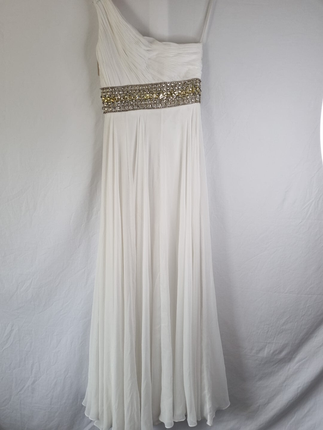 Imoda Ivory Chiffon One Shoulder Ruched Crystal Diamante Wedding Dress Sz 107