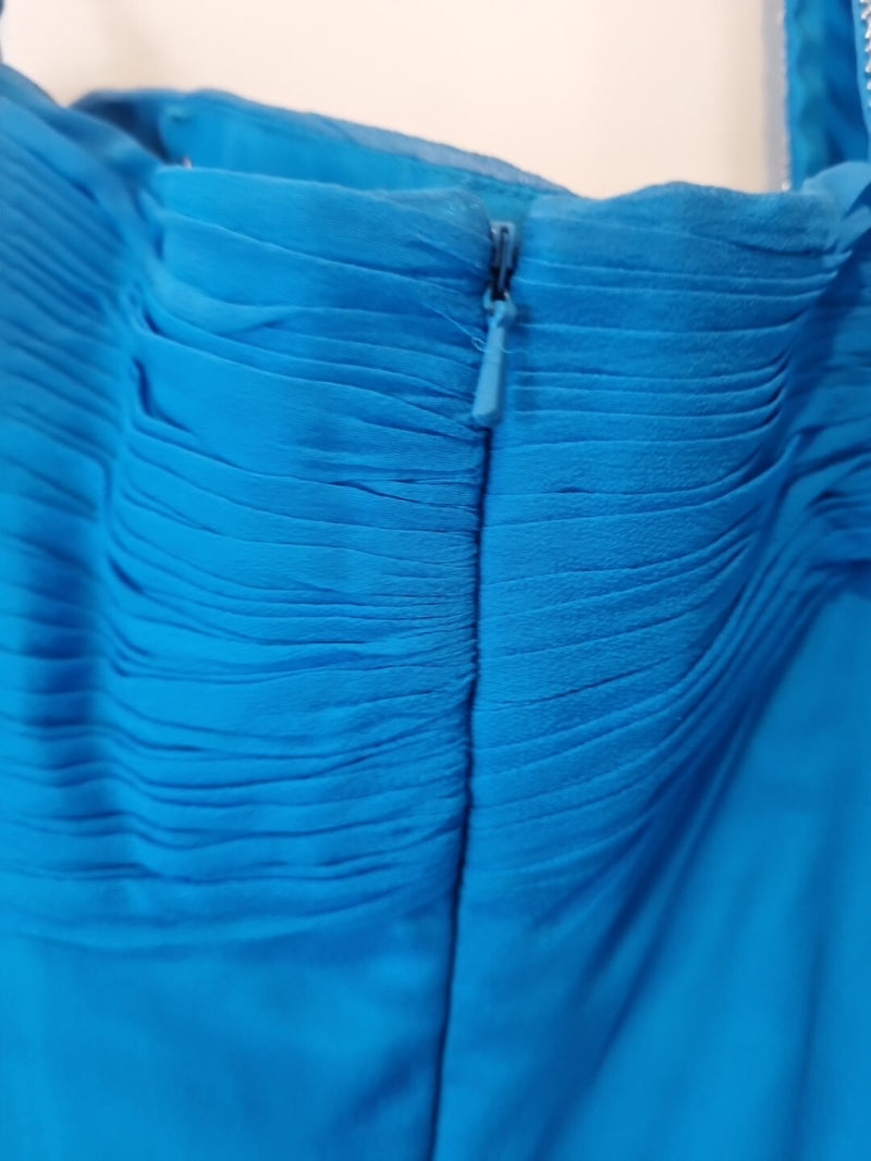 Imoda Chiffon Blue Ruched Beaded One Shoulder Evening Bridesmaid Silk Dress Sz1018