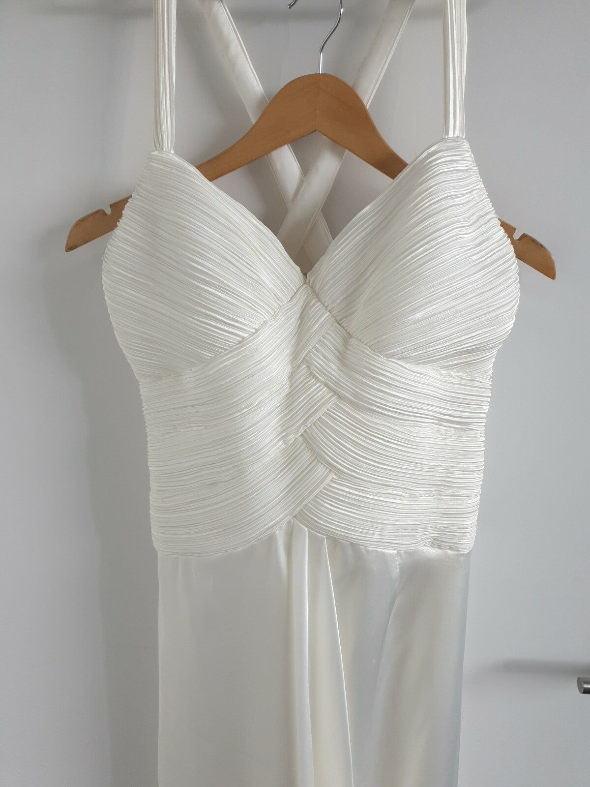 Angeline ivory satin ruched pleated cross back wedding maid honour dress size 12