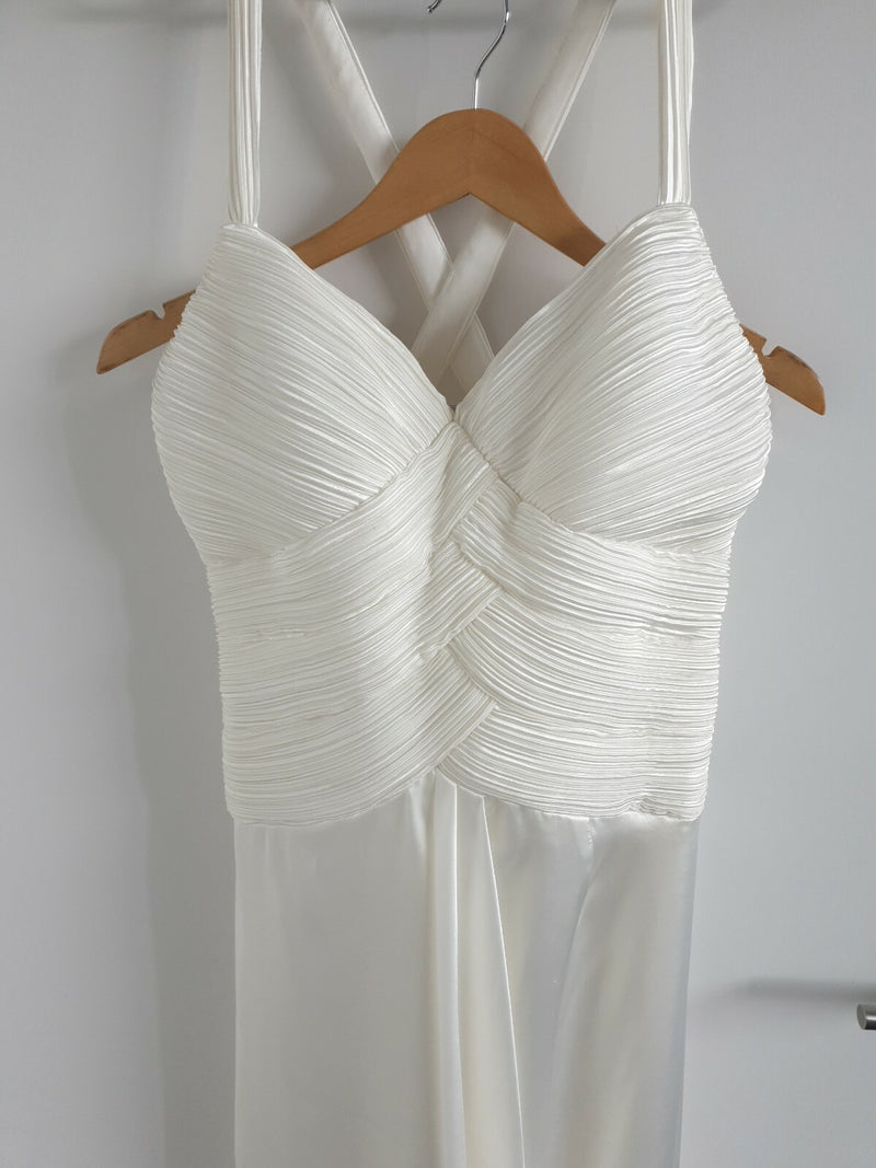 Angeline ivory satin ruched pleated cross back wedding maid honour dress size 120