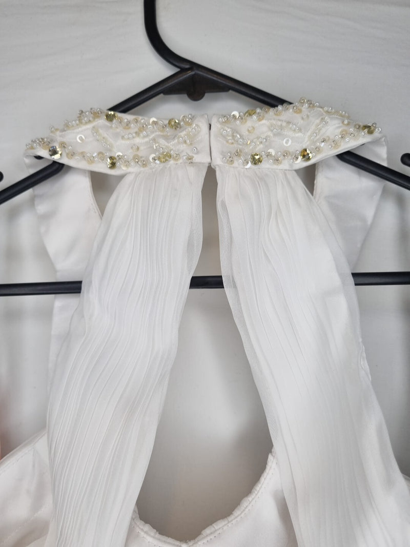 Imoda White Chiffon Ruched Beaded Round Neck High Back Wedding Dress Sz 815