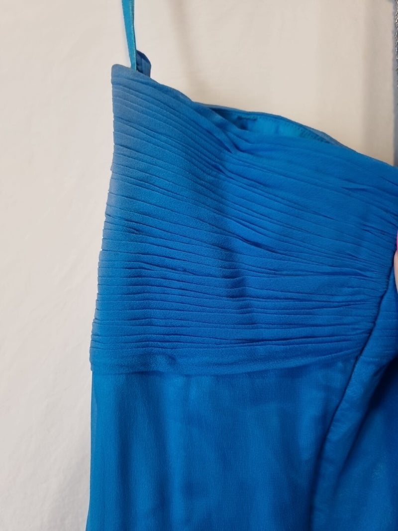 Imoda Chiffon Blue Ruched Beaded One Shoulder Evening Bridesmaid Silk Dress Sz1015