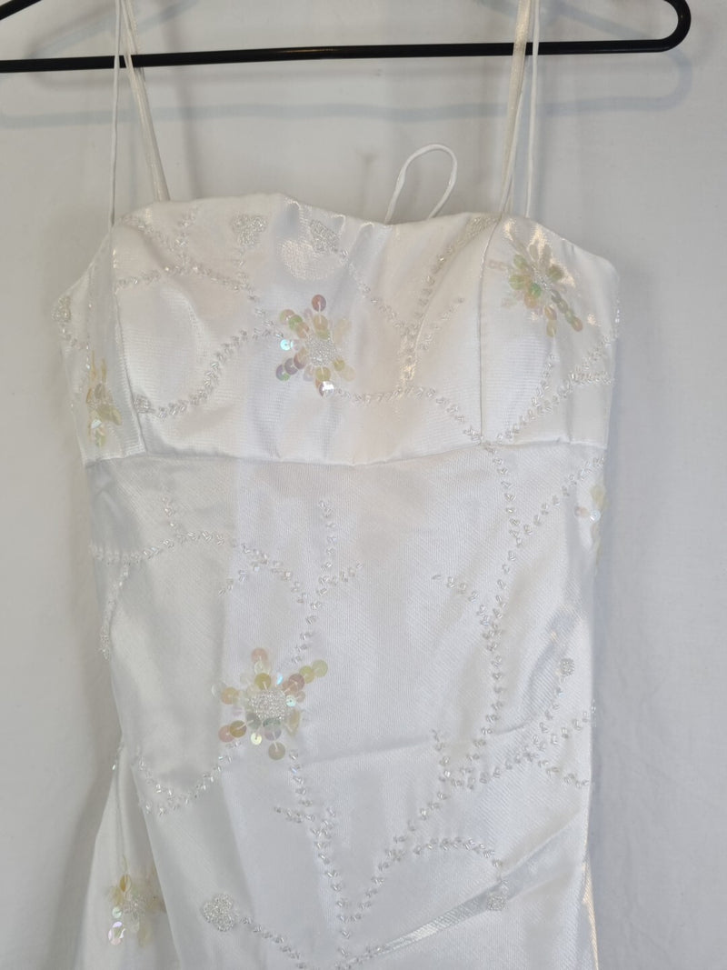 Imoda White Satin Beaded Sequin Backless Wedding Dress Sz 103