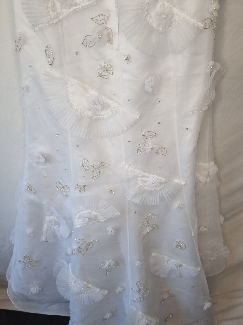 Isabella Faye White Organza Fan Embellished Beaded Train Wedding Dress Sz 1211