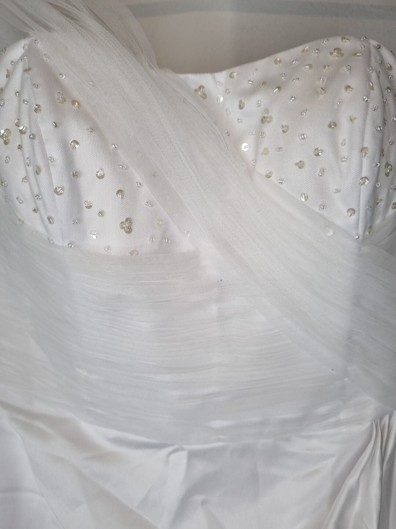 Isabella Faye White Satin Tulle Ruched Beaded One Shoulder Wedding Dress Sz 105