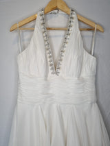 Isabella Faye Ivory Chiffon Ruched Beaded Halter Neck Train Wedding Dress Sz 124