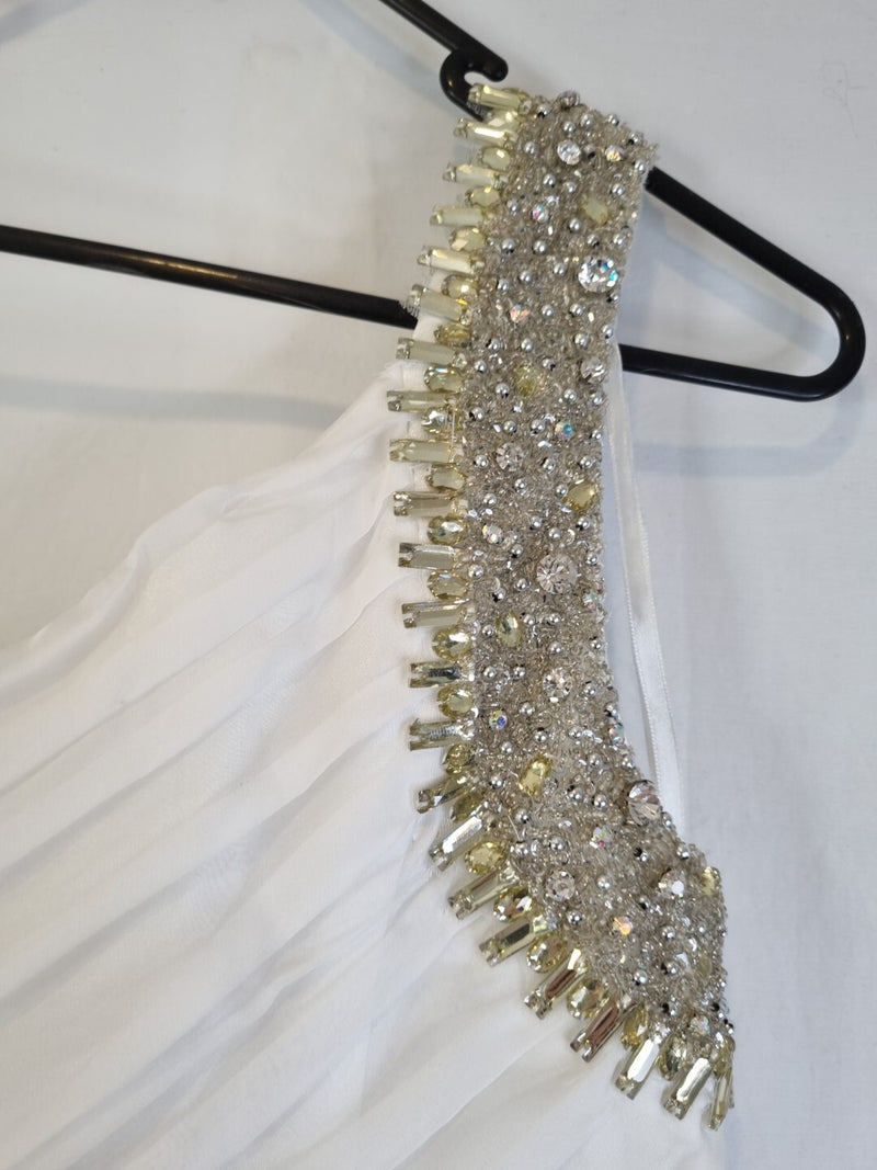 Imoda Ivory Chiffon One Shoulder Ruched Crystal Diamante Bead Wedding Dress Sz 811