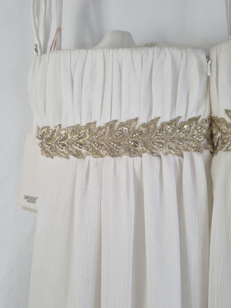 Imoda Ivory Gold Sweetheart Crepe Chiffon Embroidered Beaded Wedding Dress Sz 1212