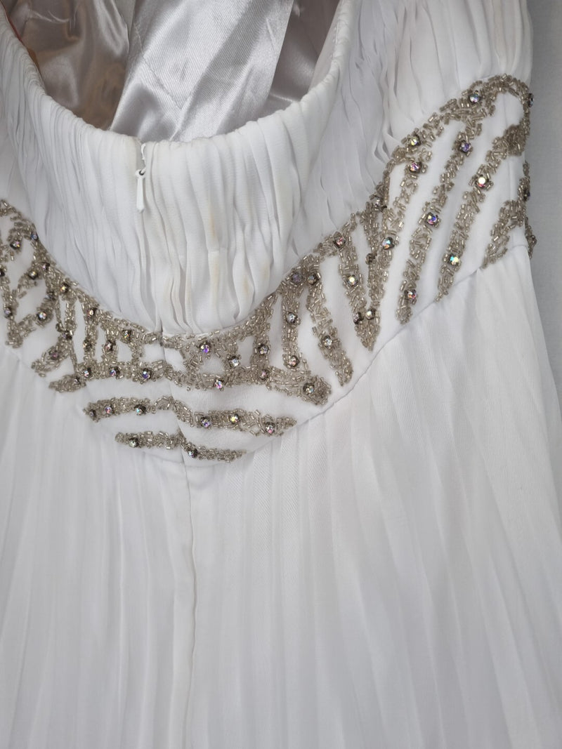 Imoda White Chiffon Ruched Pleated Beaded Grecian Empire Wedding Dress Sz 1213