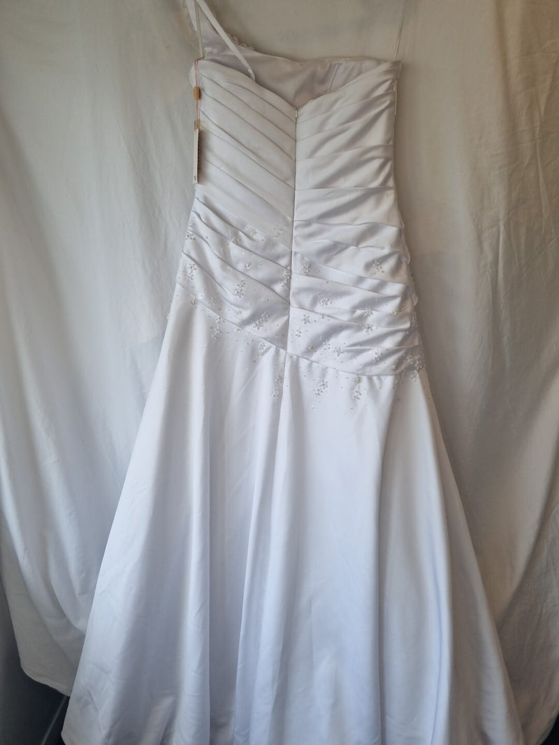 iModa White Satin A-line Beaded Sequin Pleated One Shoulder Wedding Dress Sz 1011