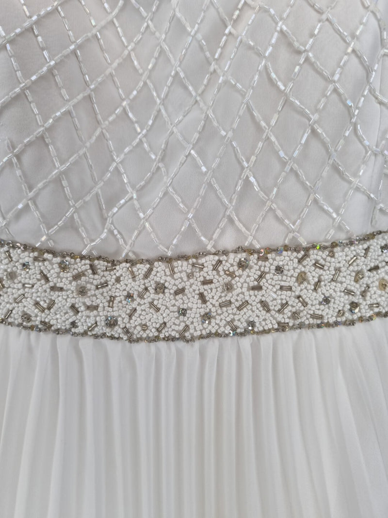 Imoda White Chiffon Pleated Beaded Tiered Strapped Wedding Dress Sz 106