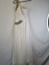 Imoda Ivory Chiffon One Shoulder Ruched Crystal Diamante Bead Wedding Dress Sz 80