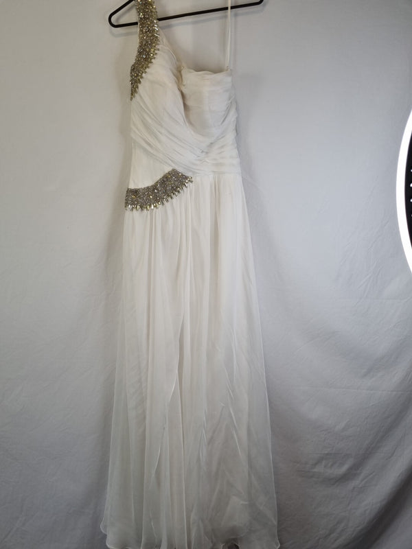 Imoda Ivory Chiffon One Shoulder Ruched Crystal Diamante Bead Wedding Dress Sz 80