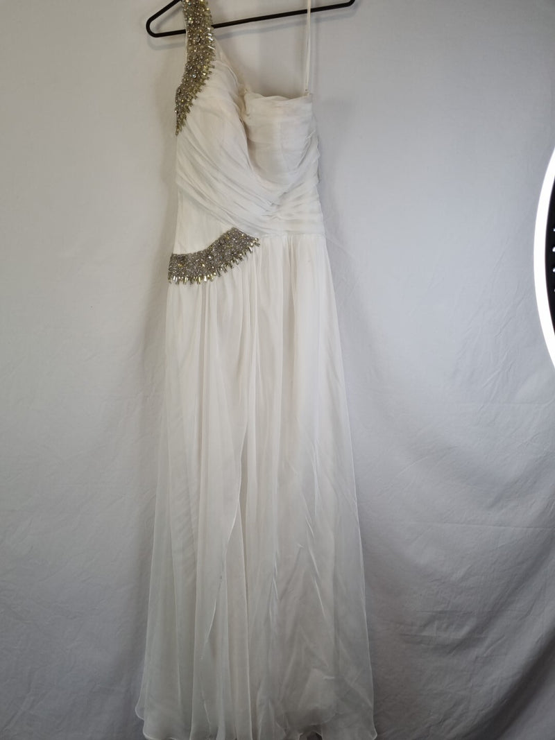 Imoda Ivory Chiffon One Shoulder Ruched Crystal Diamante Bead Wedding Dress Sz 80