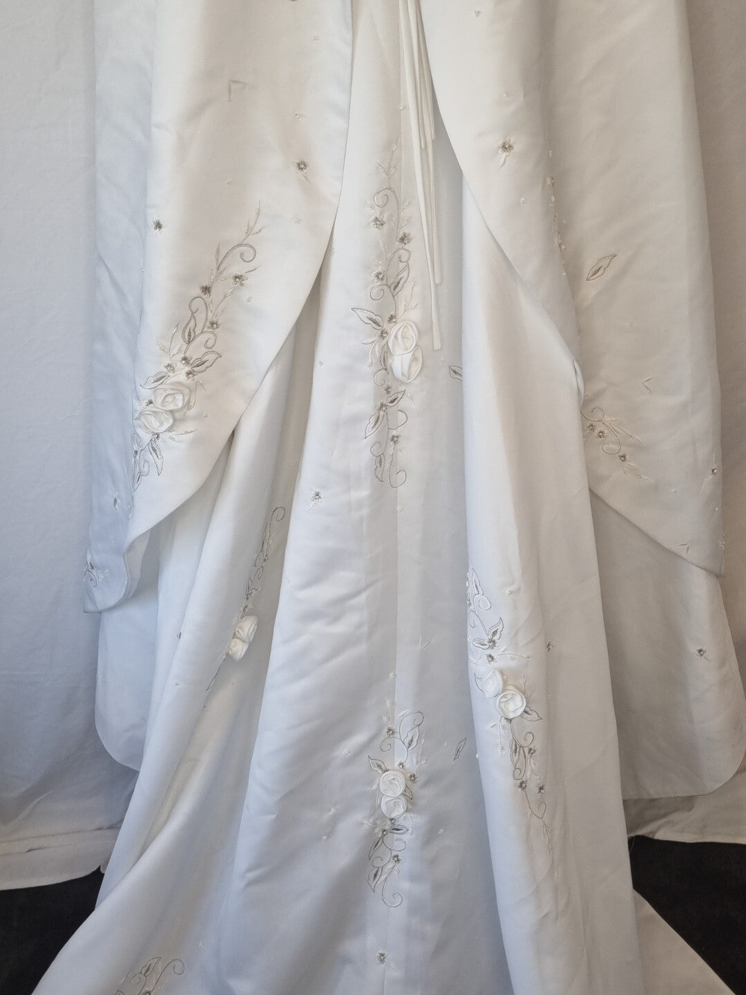 Imoda White Satin Corset Off Shoulder Beaded Roses Train Wedding Dress Sz 1219