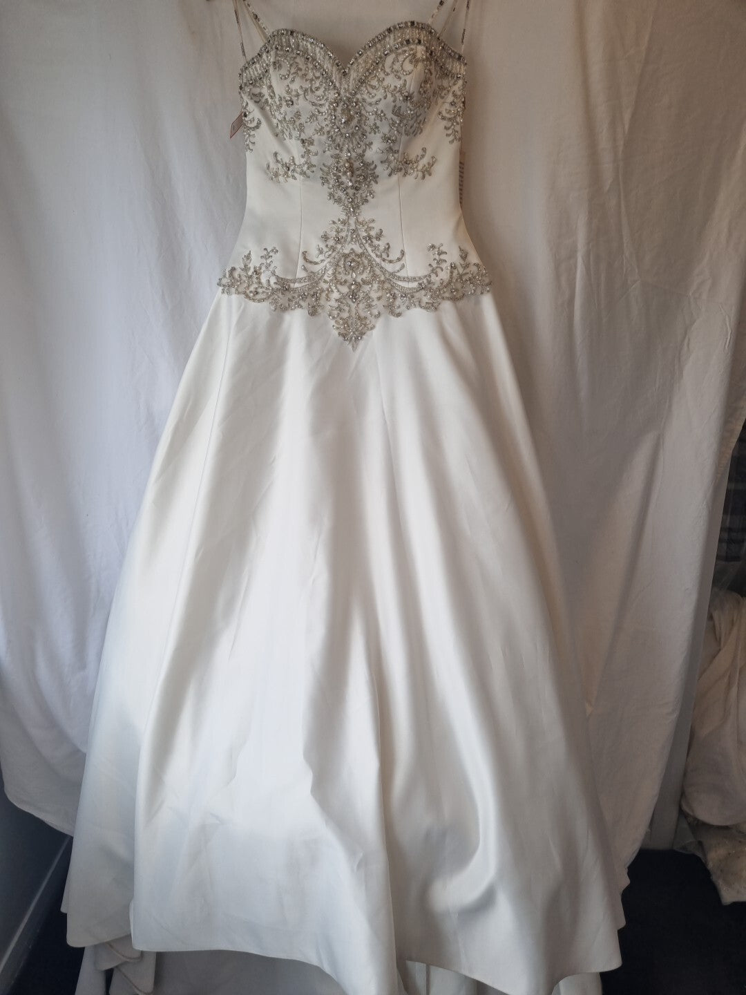 iModa Ivory Satin A-line Beaded Diamante Embroidered Strapped Dress Sz 100
