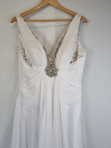 Imoda White Chiffon V neck Beaded Ruched Crystal Fitted Wedding Dress Sz 122