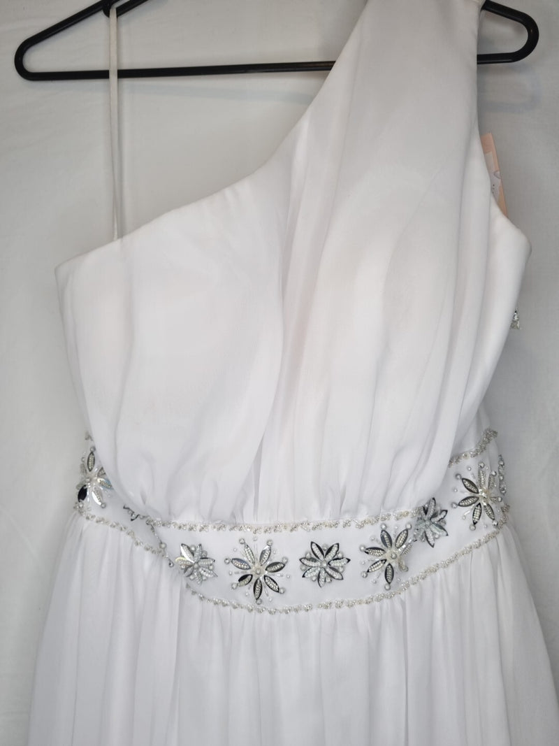 Imoda White Chiffon Gathered Beaded One Shoulder Empire Wedding Dress Sz 123