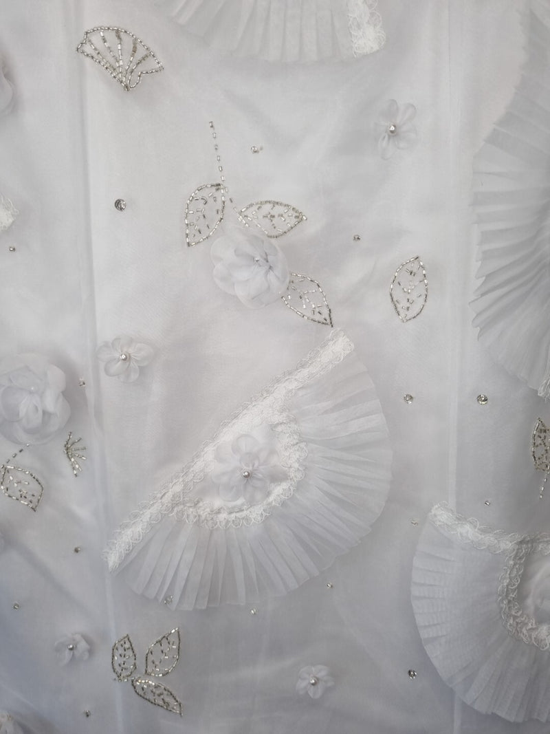 Isabella Faye White Organza Fan Embellished Beaded Train Wedding Dress Sz 127