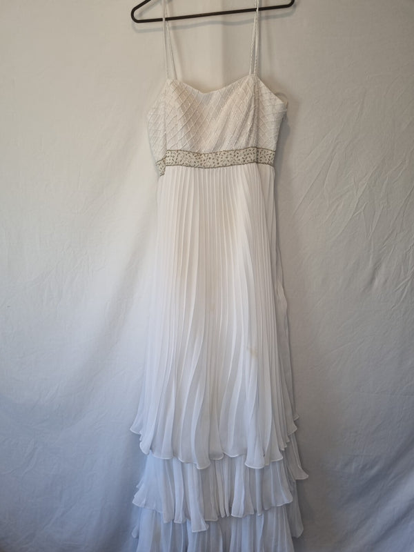 Imoda White Chiffon Pleated Beaded Tiered Strapped Wedding Dress Sz 100