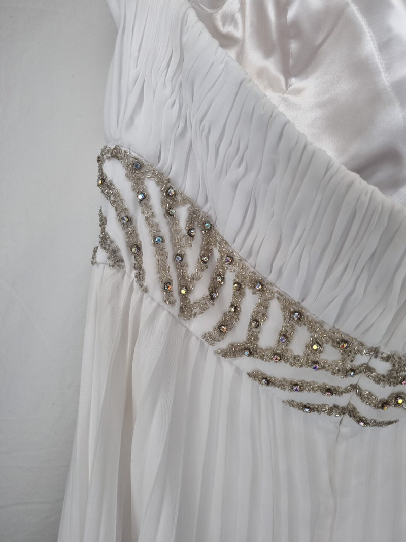 Imoda White Chiffon Ruched Pleated Beaded Grecian Empire Wedding Dress Sz 1212