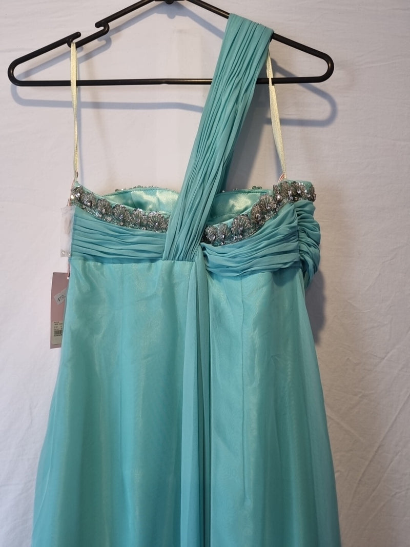 Imoda Chiffon Turquoise Ruched Beaded One Shoulder Evening Bridesmaid Dress Sz 88