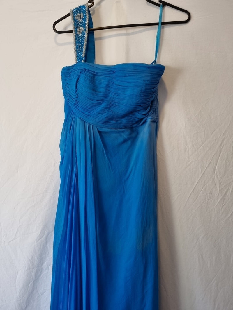 Imoda Chiffon Blue Ruched Beaded One Shoulder Evening Bridesmaid Silk Dress Sz101