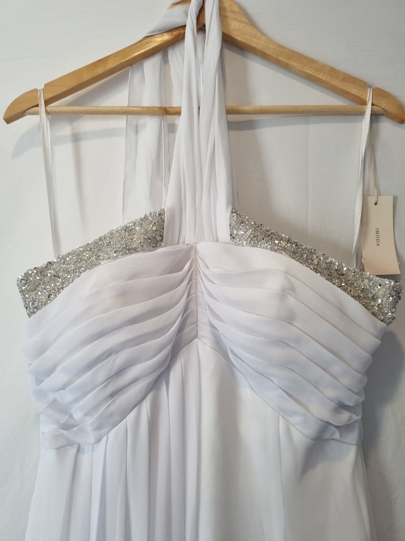 Imoda White Chiffon Beaded Ruch Halter Neck Empire Wedding Dress Sz 122