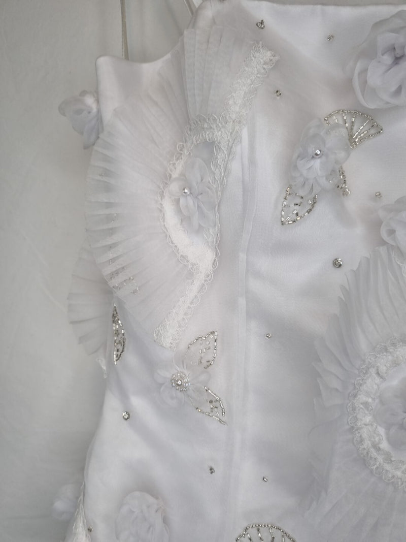Isabella Faye White Organza Fan Embellished Beaded Train Wedding Dress Sz 125